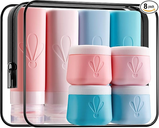 INSFIT travel bottles for toiletries 8 Pack, Leak proof Travel Size Toiletries Containers with toiletry bag, Squeezable Silicone Bottles & Cream Jars, Travel Essentials BPA-Free kit for Shampoo