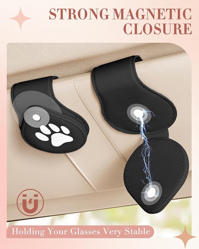 Jupswan Sunglass Holder for Car Visor Sunglasses Clip Magnetic Eyeglass Glasses Holder Cute Paw Leather Auto Visor Accessories Accessory Gifts for Women Men(Black)