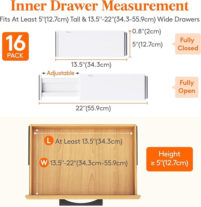 Lifewit 16 Pack 5" High Drawer Dividers 34-56cm/13.5-22" Adjustable Drawer Organizer for Clothes/Utensils, Expandable Drawer Separator in Dresser/Kitchen/Bedroom/Office Organization & Storage White