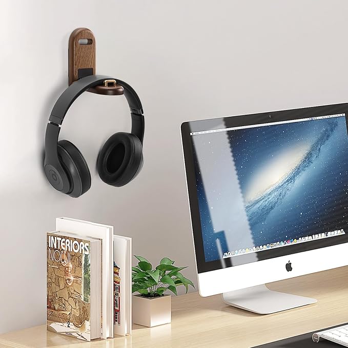 Wood Headphone Stand Wall Mount Holder, Sticky Headset Hook, Under Desk Headphone Hanger,Foldable Desk Headphone Hanger Earphone Clamp for Audio,Studio & Gaming Headphones, moderate