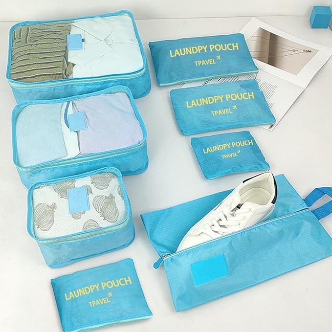 8 Set Packing Cubes for Travel Luggage Packing Bags Reusable Waterproof Suitcase Organizer Cubes Set with Shoe Bag and Toiletry Bag (Sky Blue)