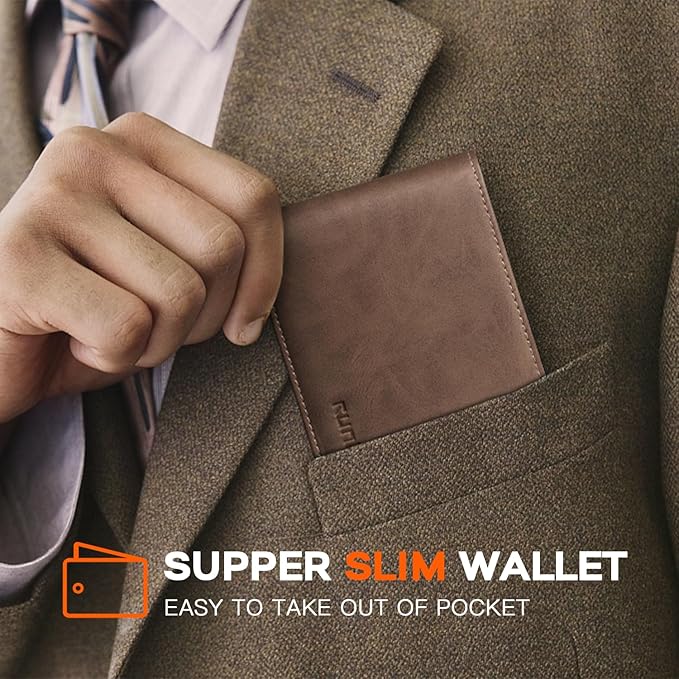 RUNBOX Wallet for Men Slim Leather Bifold RFID Blocking Minimalist Front Pocket Design with Gift Box