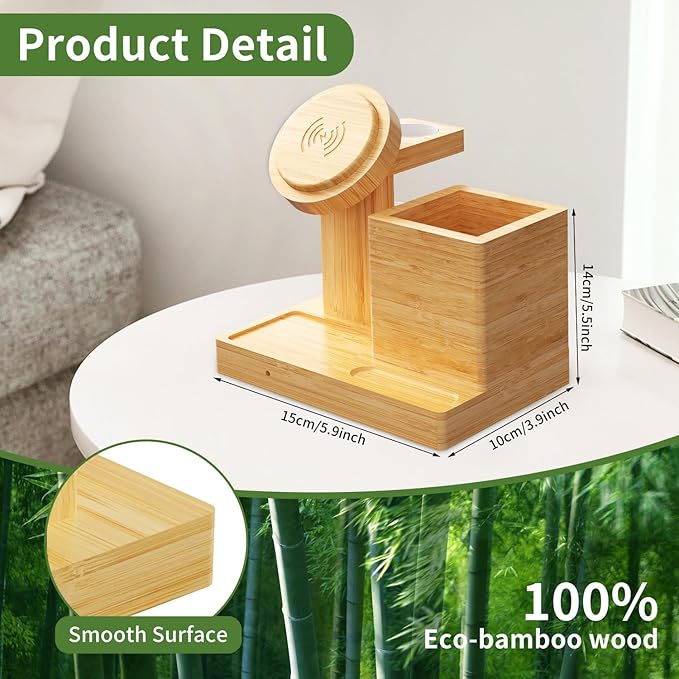 Wireless Charger Stand with Magnet- 4 in 1 Wireless Charging Station with Pen Holder, Bamboo Fast Charging Stand Compatible with iPhone 16/15/14/13/12 Pro/AirPods/Apple Watch, Presents for Men Women
