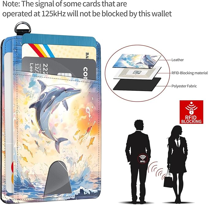 Slim RFID Blocking Card Holder Wallet with Wrist Strap - Minimalist Front Pocket Wallet, Dolphin 02 Design, PU Leathe, for Men & Women, Ideal for Travel & Gifts