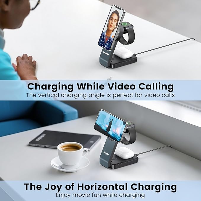 EnergyCell 3-in-1 Wireless Charging Station for Apple Devices, 15W Wireless Charger for iPhone 17/16/15/14/13/12, Apple Watch, AirPods, Magnetic Foldable Fast Charger Apple Charging Station