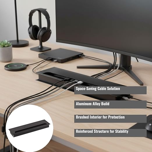 Desktop Cable Management Cover for Desk Organization - Aluminum Alloy Cable Box with Brush Seal (Black, 8.0x28.0x2.8 cm)