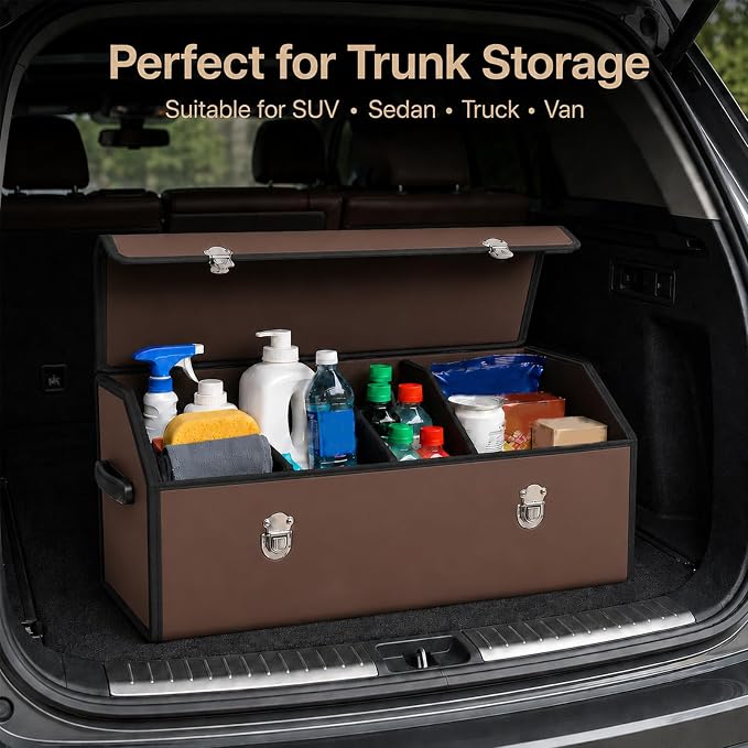 Car Trunk Organizer with Lid, Foldable Faux Leather Storage Box | Foldable design, faux leather exterior, 3 compartments