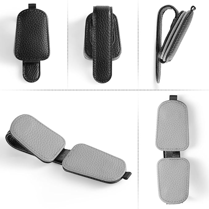 SINGARO Sunglasses Holder for Car, Leather Magnetic Buckle Sun Visor Sunglass Clip, Ticket Card Storage Glasses Clip, Car Interior Accessories for Men and Women（2PCS Black-Gray）
