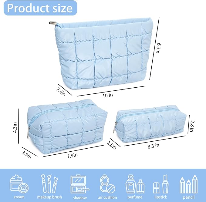 3Pcs Puffer Quilted Makeup Bag Travel Cosmetic Bag Set Portable Puffy Checkered Toiletry Pouch Skincare Organizer Purse Pencil Case (Blue)