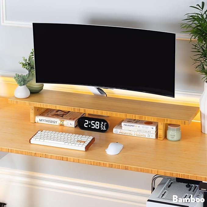 Desky Monitor Stand – Ergonomic Wood Riser for Single or Dual Monitors, Desk Shelf Organizer to Elevate Screen Height – Saman Hardwood