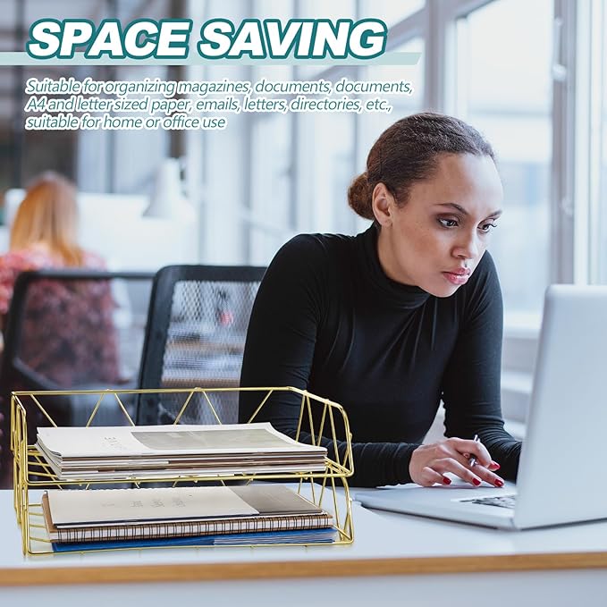 Yeaqee 4 Tier Stackable Gold Desk Organizer Paper Tray Rack Metal Letter Desk File Organizer Horizontal Holder File Trays for Office Desktop Supplies and Accessories