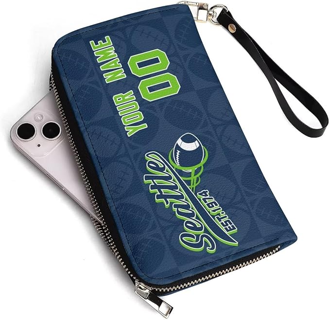 Custom Sports Team Zip Organizer Wallet-Personalized PU Leather Wallet with Name Number,Multi-Card Slots,Wrist Strap,Fan Gift for Men Women.