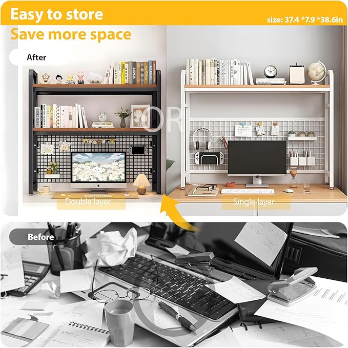 Desk Hutch, 37.4 in Desk Shelf for Top of Desk with Grid Panel, Desk Hutch Top Only, Over Desk Storage for Home, Office and Dorm