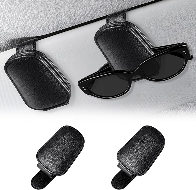 Meliya 2 Pcs Sunglass Holder, Magnetic Leather Ticket Card Clip for Car Sun Visor Accessories for Different Size Eyeglasses