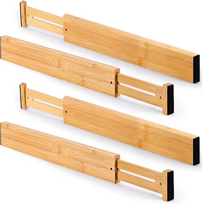 Bamboo Drawer Dividers Organizers, Kitchen Drawer Dividers for Clothes, Adjustable Drawers Separators for Dresser, Bedroom, Bathroom, Office, 4 Pack, 13“-17”