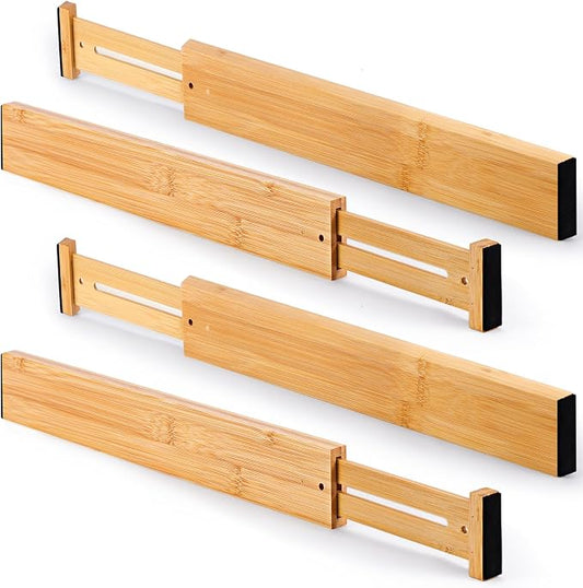 Bamboo Drawer Dividers Organizers, Kitchen Drawer Dividers for Clothes, Adjustable Drawers Separators for Dresser, Bedroom, Bathroom, Office, 4 Pack, 13“-17”