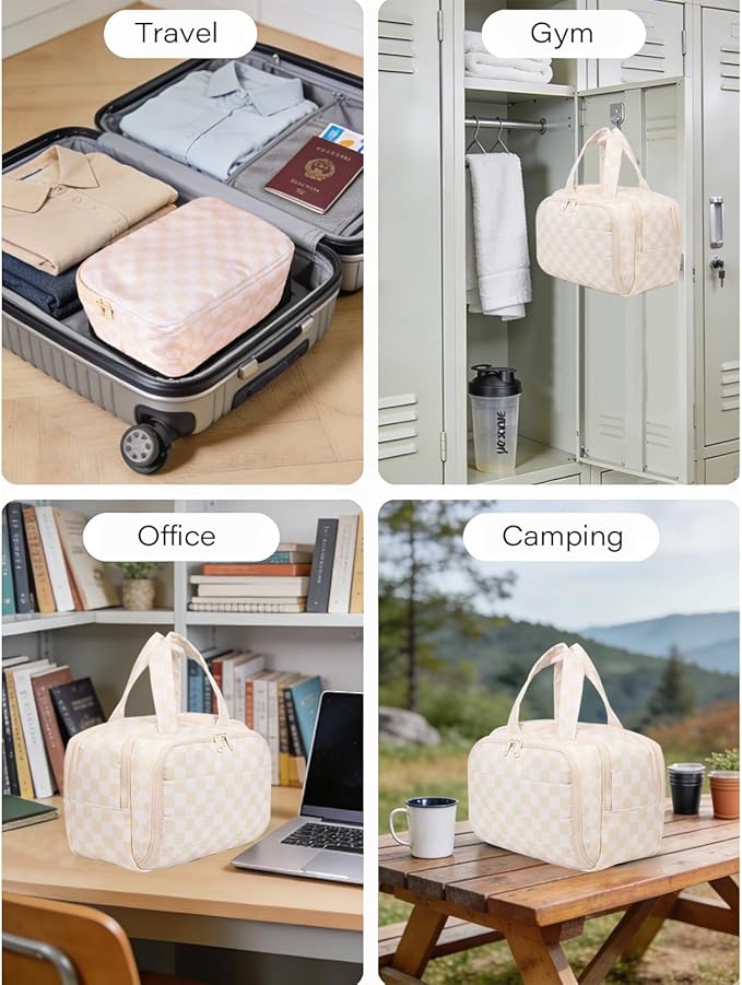 Travel Toiletry Bag, Spacious Beige Checkered Toiletry Bag for Women,Large Toiletry Bags for Traveling,Lightweight Travel Cosmetic Makeup Bag Organizer for Accessories,Toiletries (Beige Checkered)
