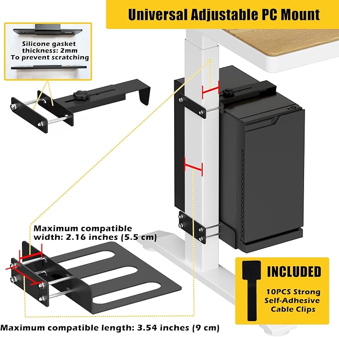 Under Desk PC Mount for Standing Desk, No Drilling Clamp-On CPU Holder with 10 Cable Clips, Heavy Duty Adjustable Computer Tower Stand Fits Most PC Cases up to 44lbs, Universal Gaming Desk Mount