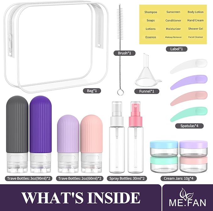 ME.FAN Travel Bottles for Toiletries,18 Pack Silicone Portable Size Bottle, TSA Approved Refillable Cosmetic Container Kits for Conditioner, Shampoo, Lotion,Face Cream - Purple