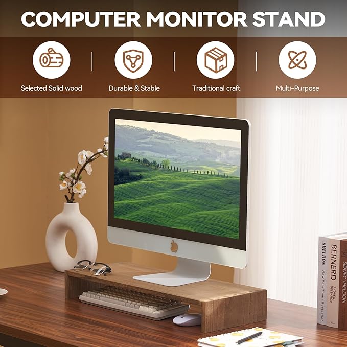 KIRIGEN Monitor Stand Wooden -Desk stand wood for Computer / Laptop/ TV Printer - Monitor Arms & Stands Desk Riser for Office Organizers -Desktop Workspace (59,Dark Brown)