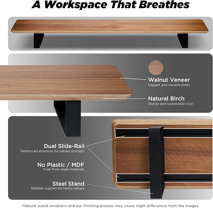 ULTRARM Moodular Wooden Monitor Stand 45.6??(116cm) Large Desk Organizer with Metal Slide Rails for Drawer, Tray, Laptop, Tablet, Phone & Headphones Customizable Riser for Organized Workspace Walnut