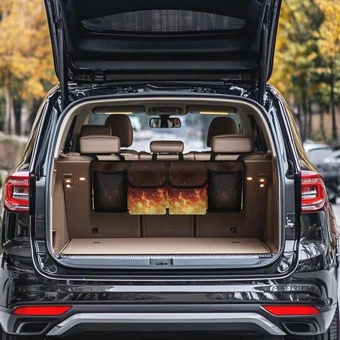 Flame Car Trunk Organizer,Backseat Hanging Storage with 4 Large Pockets,Collapsible Cargo Bag with Adjustable Straps Frees Trunk Floor for SUV,Truck,Van Easy to Washable