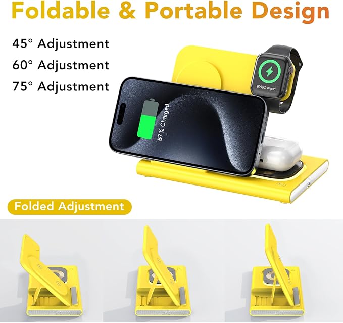3 in 1 Charging Station for iPhone 17 - Wireless Charger for Apple Products for iPhone 17 16 15 14 13 12 11 Pro Max - Foldable Wireless Charging Station Dock Stand for iWatch Series & AirPods(Yellow)