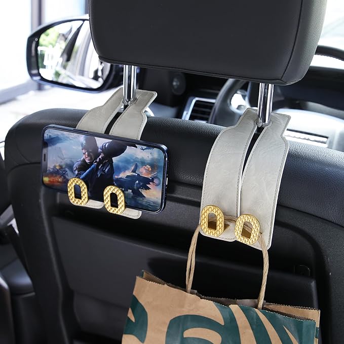 Car Headrest Hooks Universal Car Purse Hook Premium Leather and Alloy Twin Hook Car Seat Back Storage Hanger Hook for Purse Bags Cloth Drink Durable Holder Car Accessories (BH09-White-Gold)
