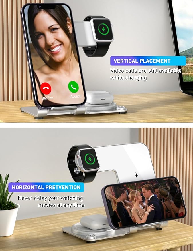 3 in 1 Charging Station for Multiple Devices Apple - Aluminum Alloy Fast Wireless Charger Stand Dock for iPhone 15/14/13/12/11/Pro/Max/XS/XR/X/Plus,for Apple Watch AirPods Desk Beside White
