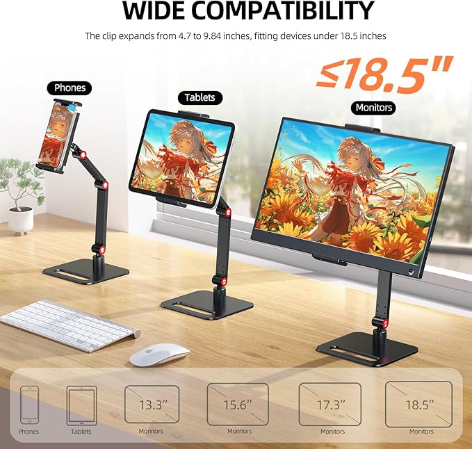 UPERFECT Adjustable Tablet Stand, 360° Swivel & 180° Tilt, Foldable Arm Holder for 4.7??.87'' Telescopic Clamp, Compatible with ??8.5'' Monitor/iPhone/iPad/Tablet, Aluminum Alloy, Black