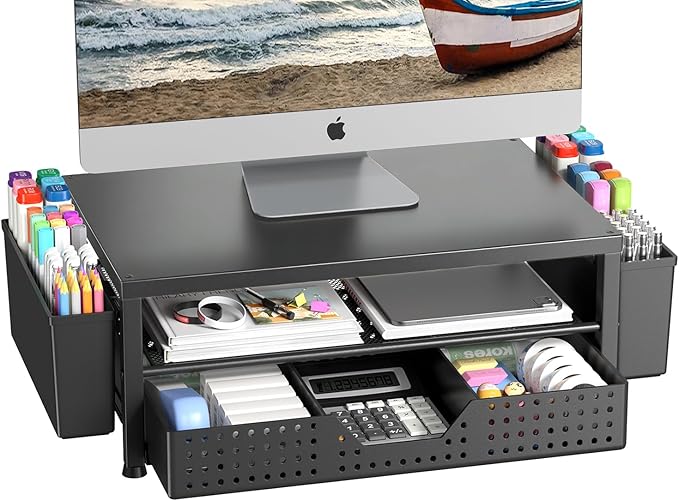Monitor Stand Riser, Laptop Stand for Desk, Office Desk Organizer and Accessories, Computer Desktop Shelf with Drawer and Pen Holder, Printer Stand for Home, Office, Dorm (Black)