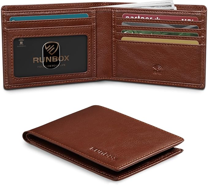 RUNBOX Wallet for Men Slim Leather Bifold RFID Blocking Minimalist Front Pocket Design with Gift Box