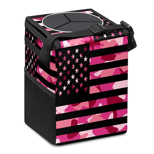 Car Trash Can USA Flag Camouflage Wate-rproof Auto Garbage Bag Car Trash Can with Lid Leak-Proof Car Storage Bag Hanging for Headrest Collapsible and Portable with Storage Mesh Pocket