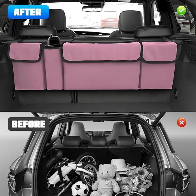 Car Trunk Organizer with Lid, Large Waterproof Vehicle Backseat Hanging Storage Bag with 4 Pockets & Adjustable Straps, Collapsible Automotive Interior Cargo Bag, Universal Fit (Pink)