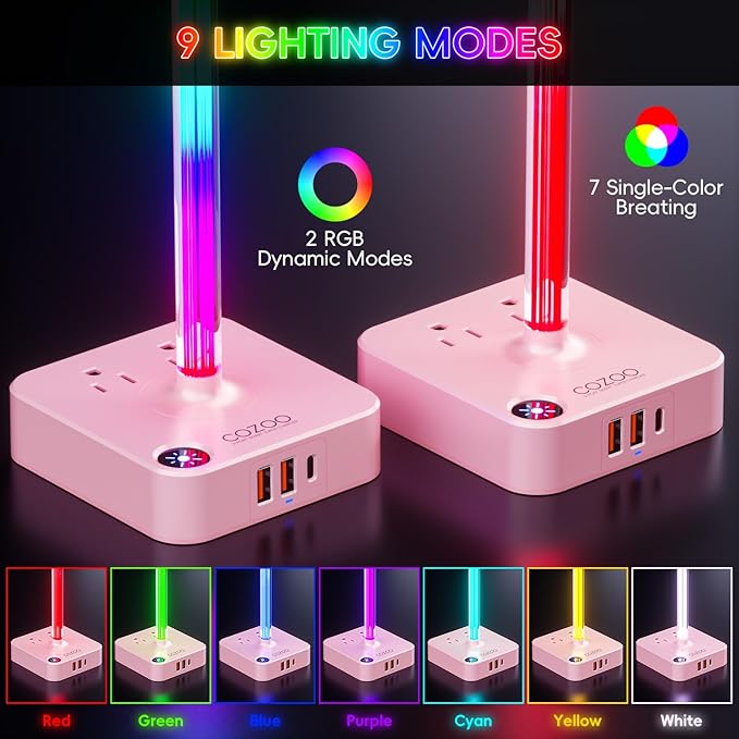 cozoo Gifts for Teen Girls Cute Pink RGB Headphone Stand & Charging Station, 3 USB 2 AC Outlets - Stylish Gaming Headset Holder, Desk & Game Room Decor, Christmas Gifts for Girlfriend, Women, Gamers