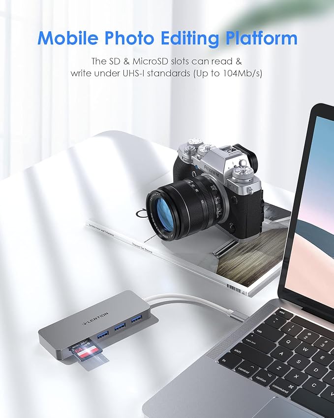 LENTION USB C Hub with 1ft Cable for Laptop Stand, 5-in-1 Multiport Adapter with 3 USB 3.0 5Gbps, TF/SD Card Reader for iPhone 17/16/15, Compatible with MacBook Neo Pro/Air, iPad, Surface, Space Gray