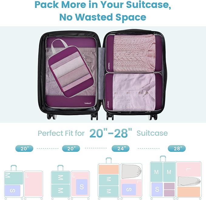 Cambond See Through Mesh Compression Packing Cubes - 4 Piece Expandable Space Saving Packing Cubes for Travel, Lightweight Travel Bags Luggage Packing Organizer Essentials for Suitcases, Purple