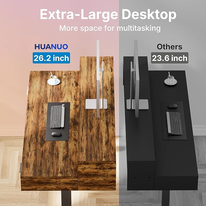 HUANUO 48″ x 26″ Electric Standing Desk with 2 Drawers &24.4″ Large Keyboard Tray, C-Clamp Mount Compatible, Adjustable Computer Desk for Office, Sit Stand Up Desk with 4 Height Presets, Vintage Brown