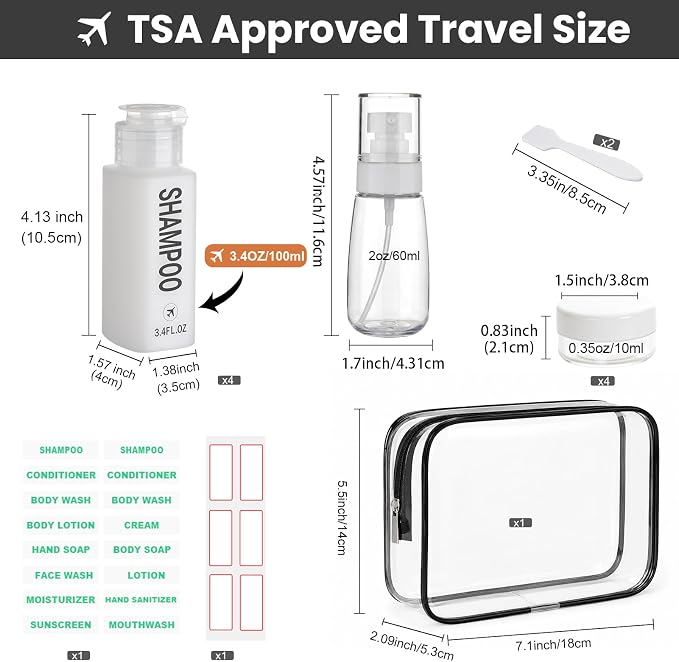 Travel Bottles for Toiletries 14PCS 3.4oz Pre-Printed Shampoo, Conditioner, Body Wash, Wide Mouth Containers TSA Approved 2oz Travel Spray Bottle Leak Proof 0.35oz Plastic Cream Jars(White)