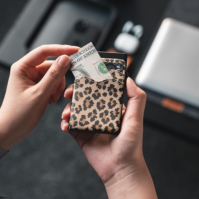 VULKIT Credit Card Holder Minimalist Slim Pop Up Wallet with Leather Slots RFID Blocking for Men and Women Holds 7 Cards and Notes Leopard Chic