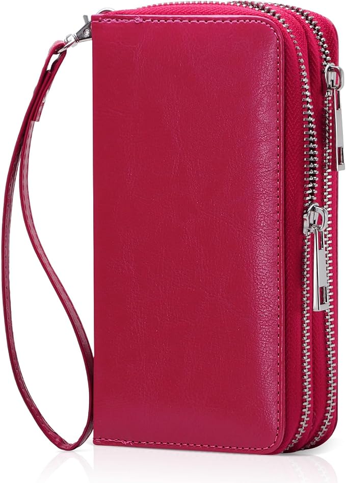 Cellphone Wallet for Women Dual Zipper Long Purse with Removable Wristlet