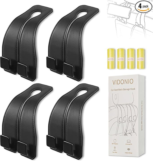 vidonio 4 Pack Leather Headrest Hooks for Car, Double Car Seat Back Storage Hook for Purses, Handbags and Grocery Bags, Heavy Duty Car Purse Holder, Universal Car Seat Headrest Hanger Accessories