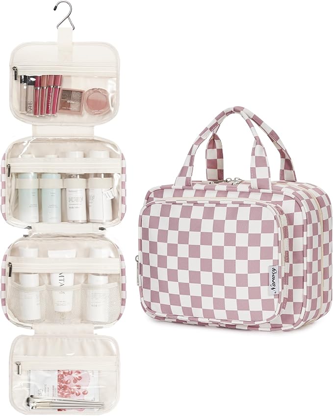 Narwey Hanging Toiletry Bag for Women Travel Makeup Bag Organizer Toiletries Bag for Travel Size Essentials Accessories Cosmetics (Dusty Pink Checkerboard (Medium))