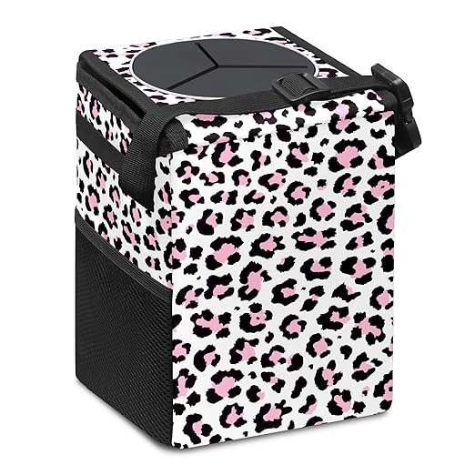 Car Trash Can Cheetah Pink Black Leopard Print Wate-rproof Auto Garbage Bag Car Trash Can with Lid Leak-Proof Car Storage Bag Hanging for Headrest Collapsible and Portable with Storage Mesh Pocket