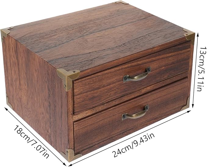 Garneck Wooden Organizer with 2 Drawers Desktop Vintage Storage Box Multifunctional Small Cabinets for Makeup Jewelry File Paper Sundry Containers for Home Office
