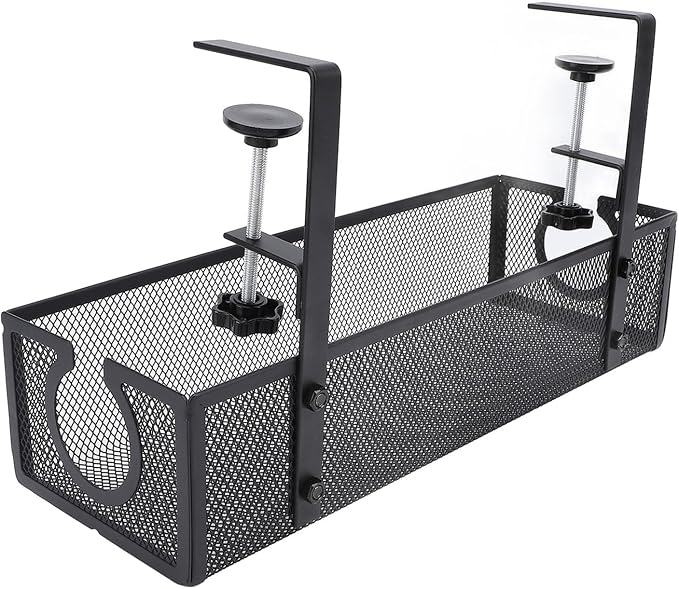Under Desk Cable Management Tray, Carbon Steel Cord Organizer with Side Round Hole and Trapezoidal Design, Metal Desk Cable Management System for Office Study Workstation (Black)