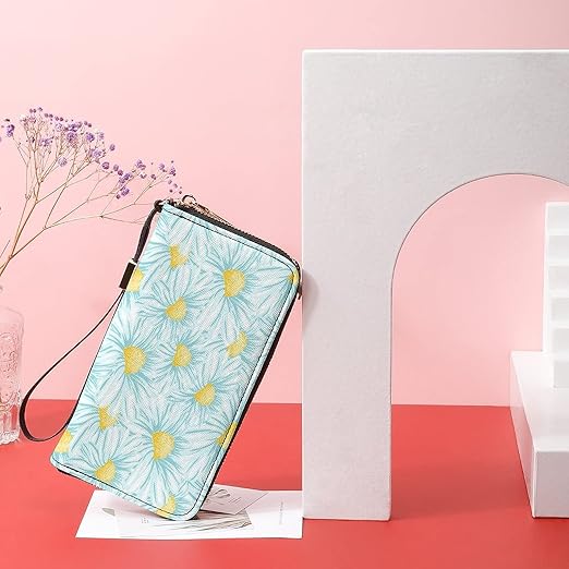 Clutch Wallet Holder for Women Men Blooming Daisies Portable Accordion Zipper Credit Card Storage Bag Waterproof Purse Leather Wallet for Travel Work Shopping