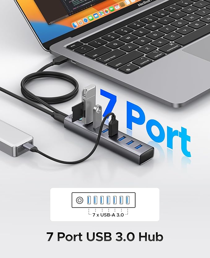 ORICO 7-Port USB 3.0 Hub, Aluminum USB Multiple Adapter, 5Gbps USB Extender USB Splitter with 3.28Ft Cable, UBS-A Hub Long Cable for Desktop, PC, Flash Drive, Mobile HDD, Windows/XPS