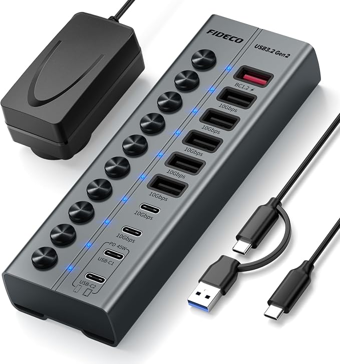 FIDECO 10-Port 72W Powered USB Hub, USB C Hub with 1 BC1.2, 2 PD 45W Charging Ports, and 7 USB 3.2 Ports (5 USB-A + 2 USB-C), Aluminum 10Gbps USB Hub for Laptop, PC, MacBook, iPhone 17/16/15, Grey