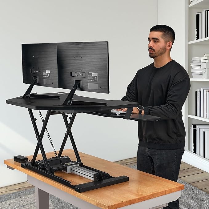 VERSADESK® PowerPro™ 36" Corner Standing Desk Converter, 36 Inch Motorized Height-Adjustable Standup Desk Riser Sit to Stand Desktop with Keyboard and Mouse Tray + USB Charging Port, Black